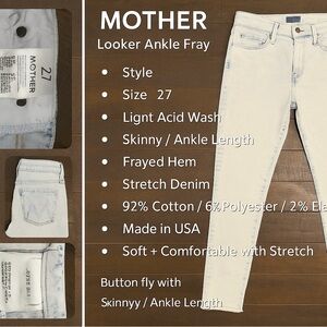 Mother Looker Ankle Fray Jeans Size 27 Light Wash Skinny Stretch Denim